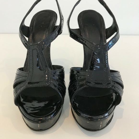 YVES SAINT LAURENT BLACK PATENT TRIBUTE PLATFORM SANDALS SIZE IT 37.5 / US 7.5 - Picture 9 of 13